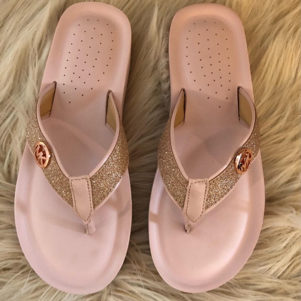 Pink and rose gold flip flops